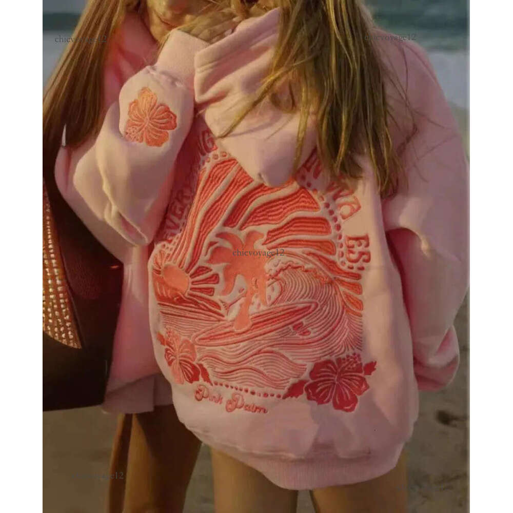 pink plam Chasing Sunsets Hoodie: pink plams Women's Pink Palm Embroidered Sweatshirt - Y2k Loose Fit Streetwear Pullover for Couples dandy hoody 776