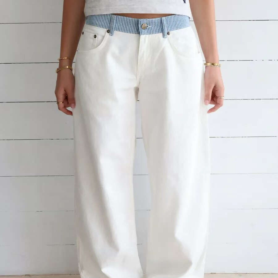 Spring Summer New Color-Block Letter Ribbon Decorated Patchwork Casual Pants Elegant Straight-Leg Jeans