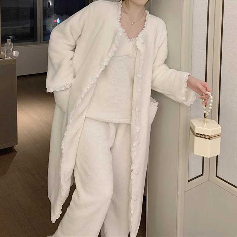 Winter Warm Coral Fleece 3PCS Pajamas Set Women Flannel Long Sleeve Top Trouser Sleep Suit Casual Home Clothes Z250925