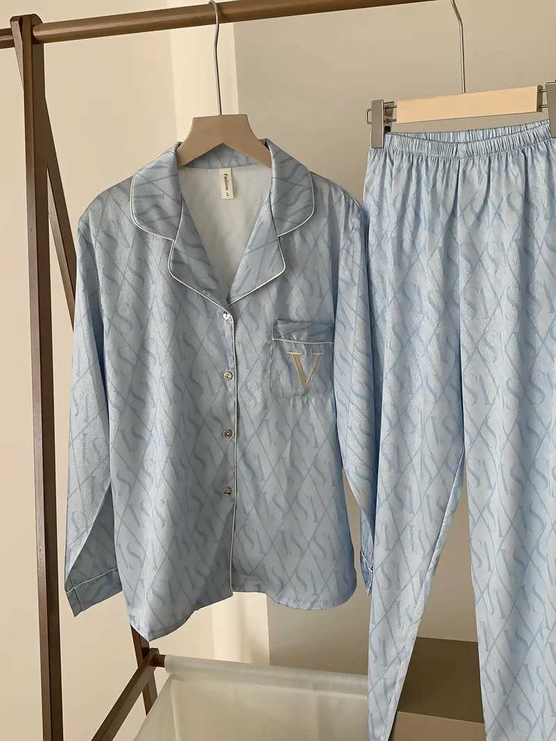 Loose Satin Home Clothes Spring Autumn Pajamas Nightwear Print V Lounge Wear Two Piece Set Print Long Sleeve Trouser Nightwear Z250925