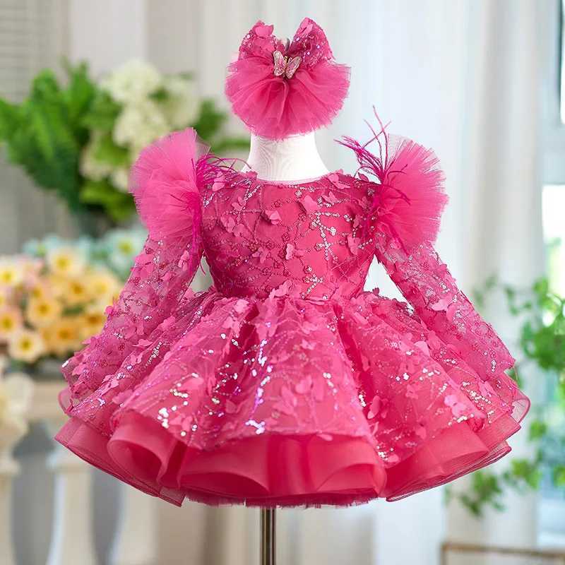 Luxury girls party dress long sleeved sequined butterfly mesh dress one year old birthday gift elegant dress for girls aged Z250926