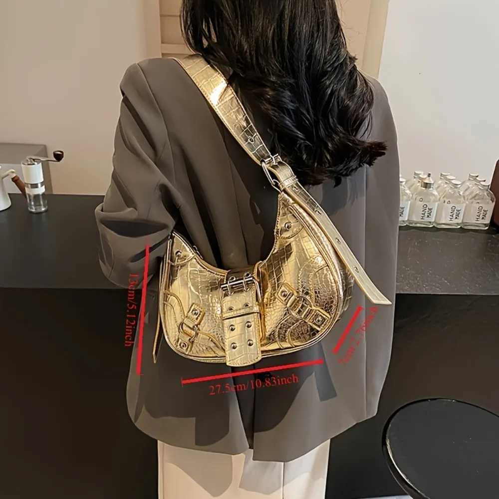 Womens Fashion Gold Pleated Hobo Shoulder Bag Stylish Faux Leather Crossbody Bag with Rivet Details Z250926