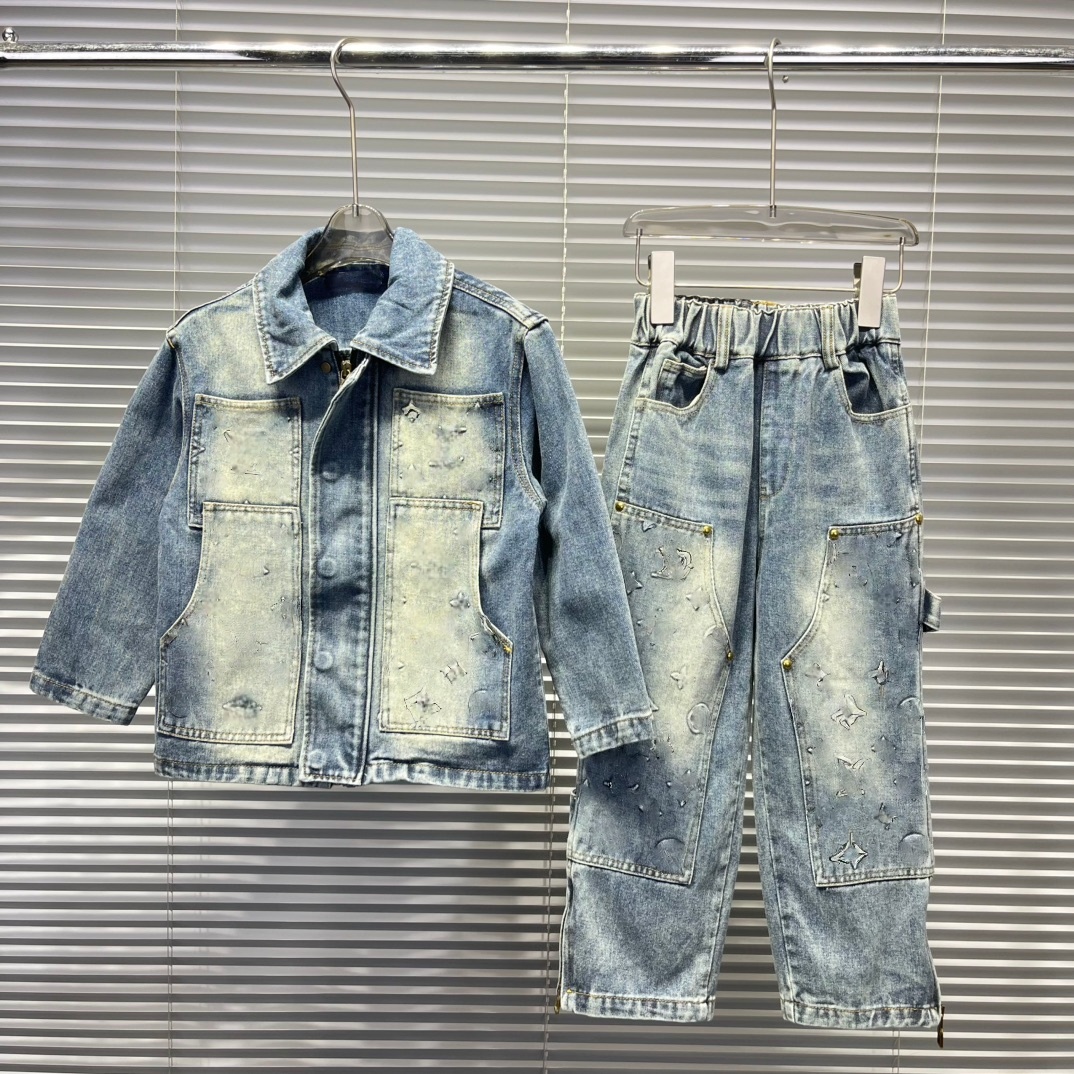 Desginer children denim clothes sets boys girls Classic letter emboss wash cowboy outwear with cargo jeans 2pcs Autumn kids casual outfits Z0085