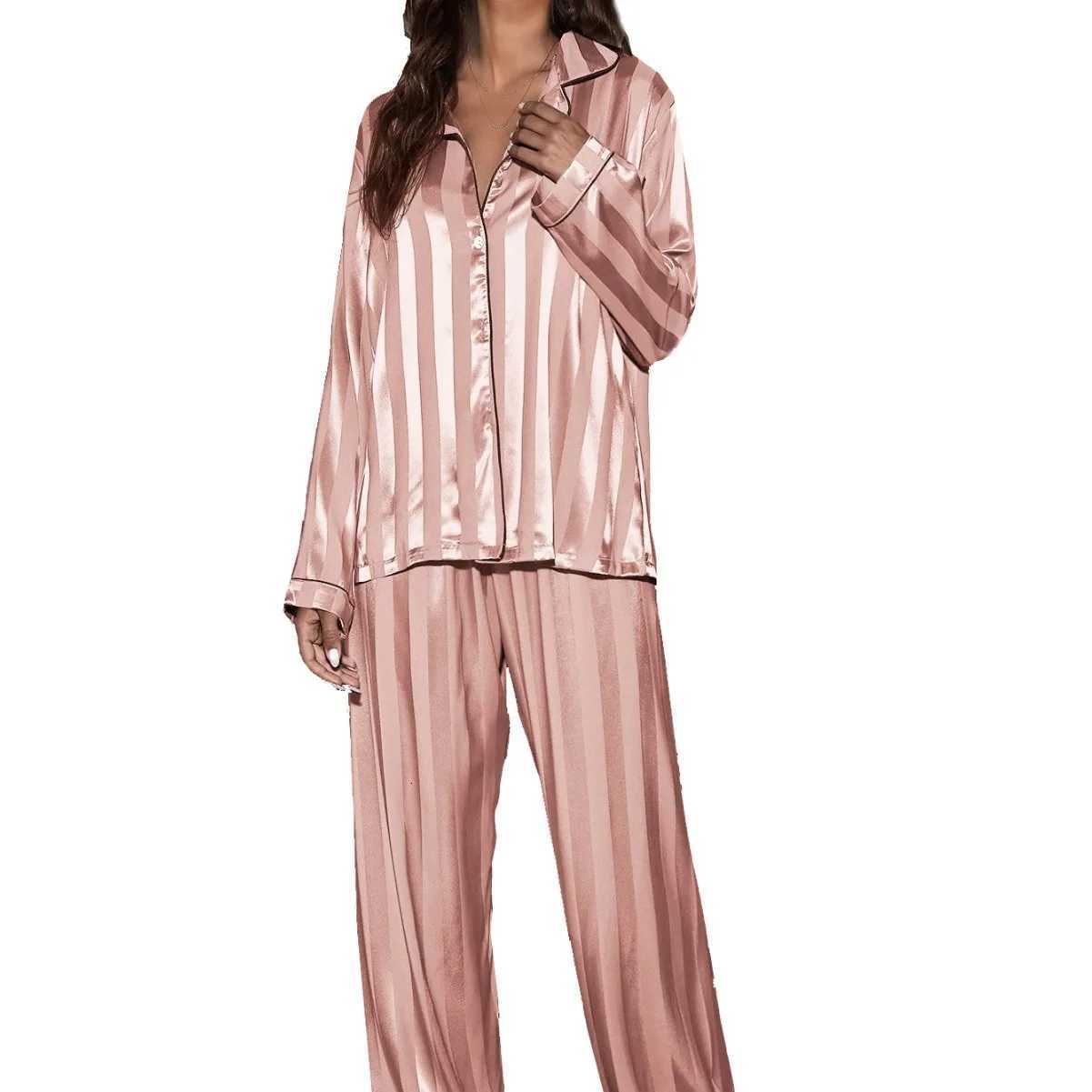 Stripe Long Sleeve Trouser Pijamas Suit Women 2PCS Pajamas Set Sleepwear Spring Summer Satin Nightwear Loose Homewear Loungewear Z250925