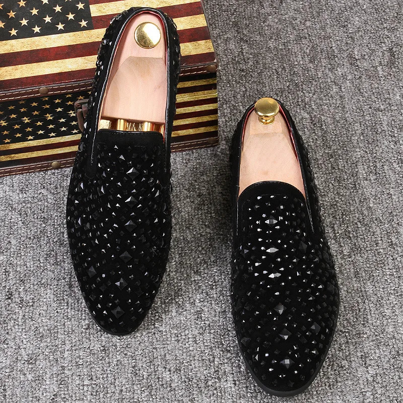 Black Men Dress Shoes Spikes Loafers Shoes Denim Metal Sequins Footwear High Quality Shoes 250922