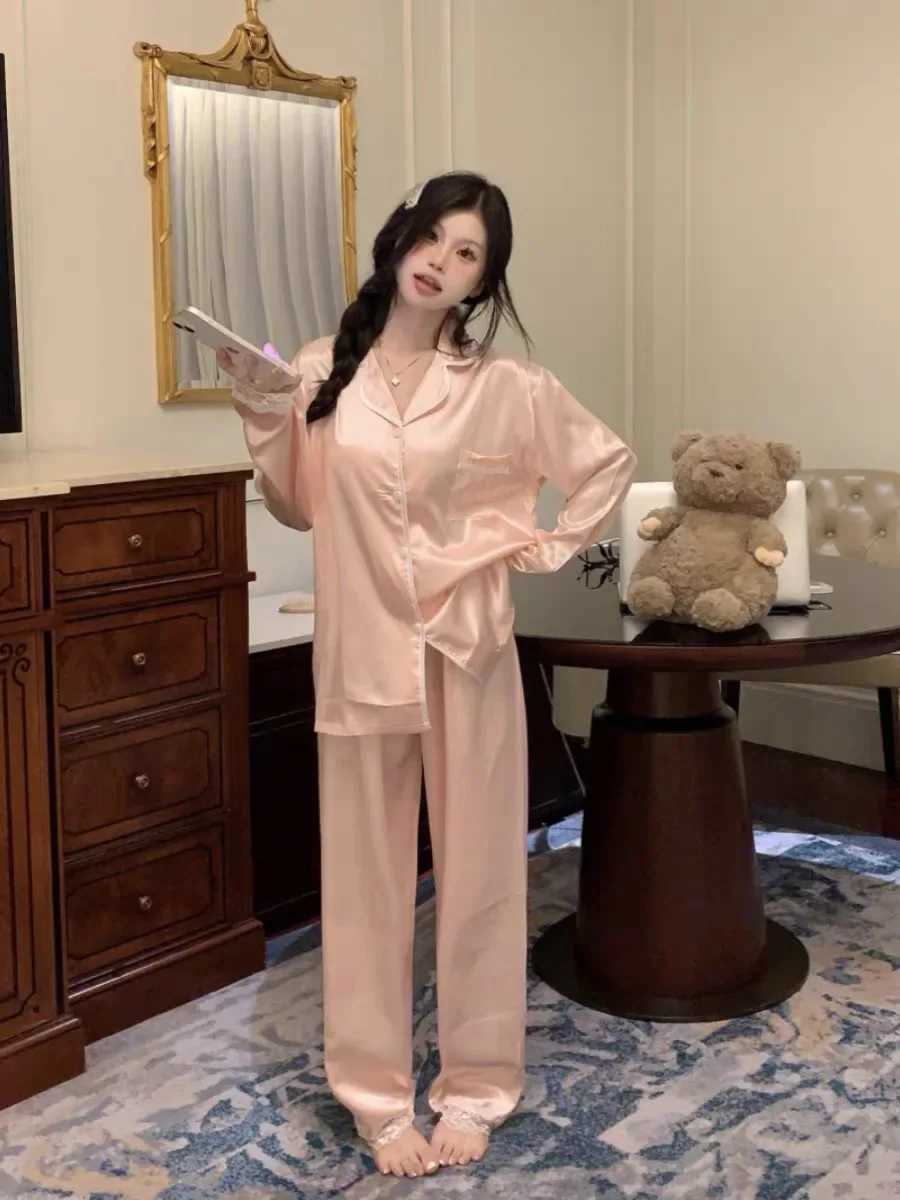 Spring Autumn New Ice Silk Soft Pajama Sets for Women Lace Lapel Cardigan Outfits for Women 2 Piece Set Sweet Pink Women Pajama Z250925