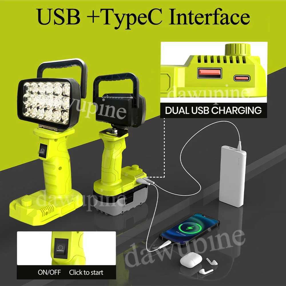 For Ryobi 18V Lithium Battery P107 P108 18 Beads LED Working Lights Portable Lanterns Camping Lamp Torch Flashlights Spotlights C250925