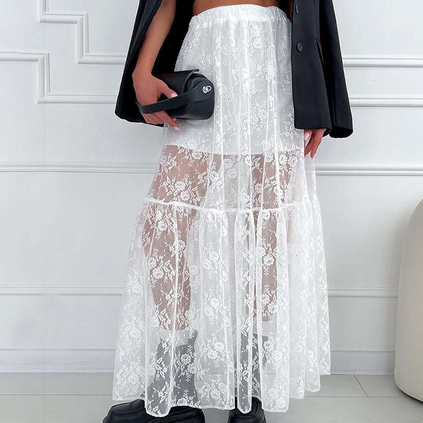 Sexy White Polyester Lace Sheer A-line 2025 Spring Summer Fashion New Long Skirt