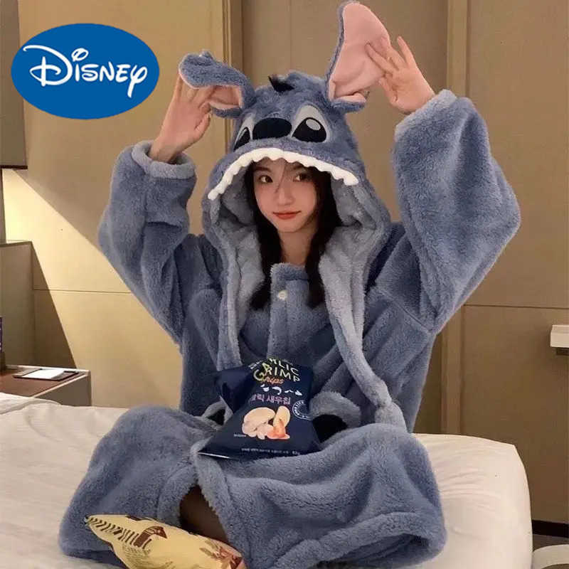 Disney Stitch Winter Pajamas Cartoon Autumn And Winter Cute Coral Thickened Velvet Long Home Clothes Pajamas Girls Home Clothes H250926