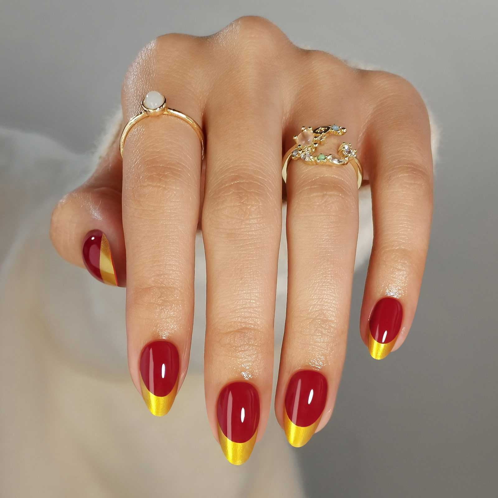 Gold French Tip Press on Nails Short in Red Finish - Soft Gel Fall Almond Nails for , Perfectly Fit Glue on Nails in 16 Sizes - 32 Reusable Fake Nails