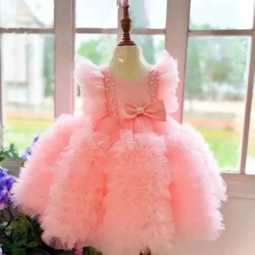 Customized Yellow Flower Girl Dresses For Wedding Tiered Square Collar Pearls With Bow Kids Birthday Party First Communion Gown Z250926