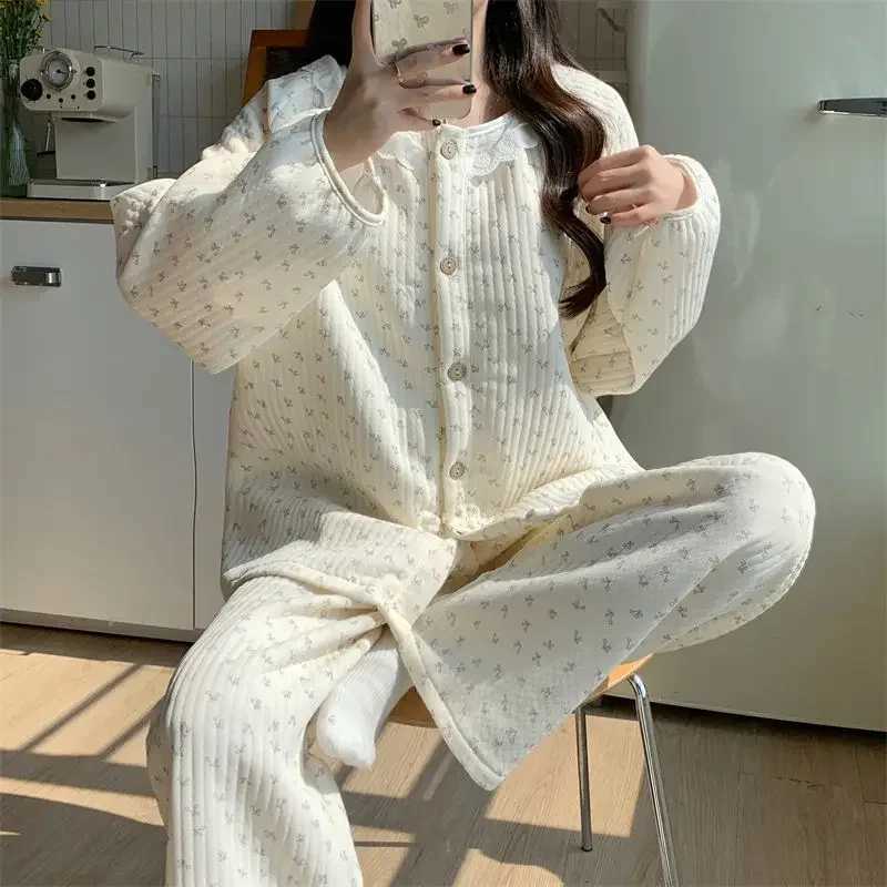 Floral Sleepwear Women Pajama Sets Winter Piiama Fleece Pants Sets 2 Pieces Korean Cute Lace Night Wears Warm Sleeping Home Suit Z250925