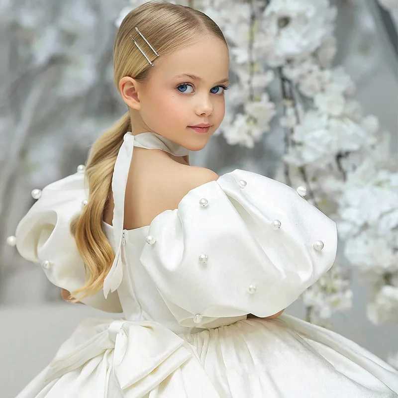 Kids Puffy Dress Pearl Decorated Girl Princess Dress Birthday Elegant Girls Party Dresses Childrens Solid Bridesmaid Costume Z250926
