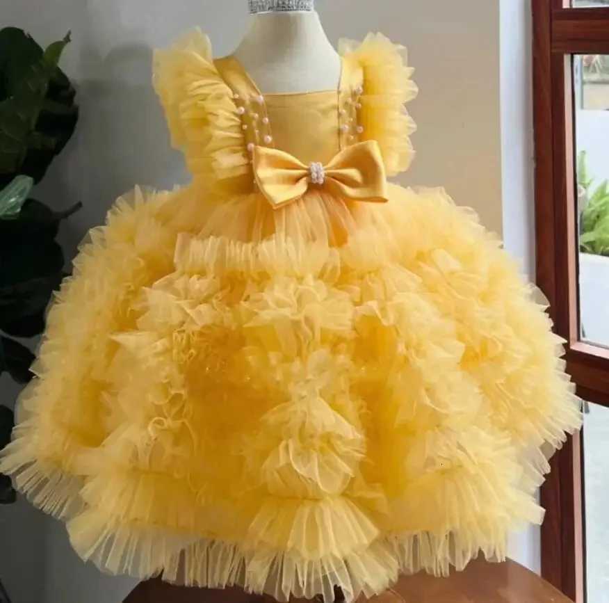 Customized Yellow Flower Girl Dresses For Wedding Tiered Square Collar Pearls With Bow Kids Birthday Party First Communion Gown Z250926