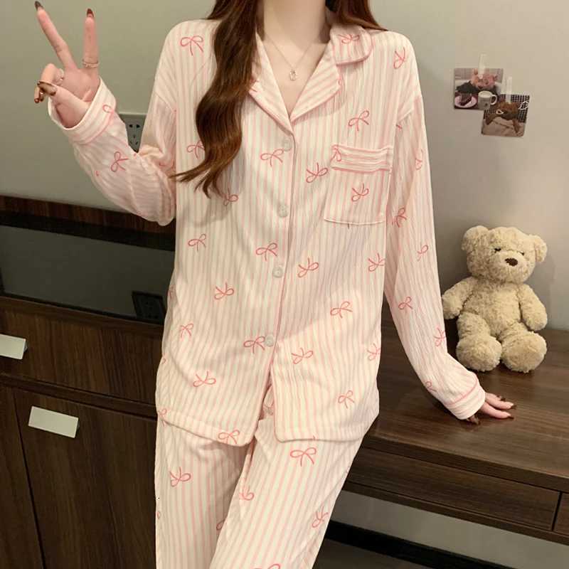 Pink Bow Dtie Design Pajamas for Women Long Sleeve Top Elastic Waist Pants Pajamas Set Harajuku Style Casual New Home Wear Z250925