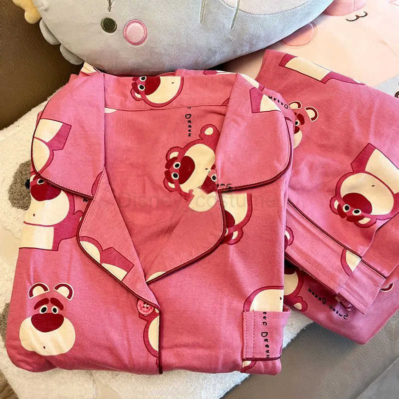 Disney Cartoon Strawberry Bear Home Outfit Womens Long Sleeved Pants Pijama Sleepwear for Sleeping Pajama Sets H250926