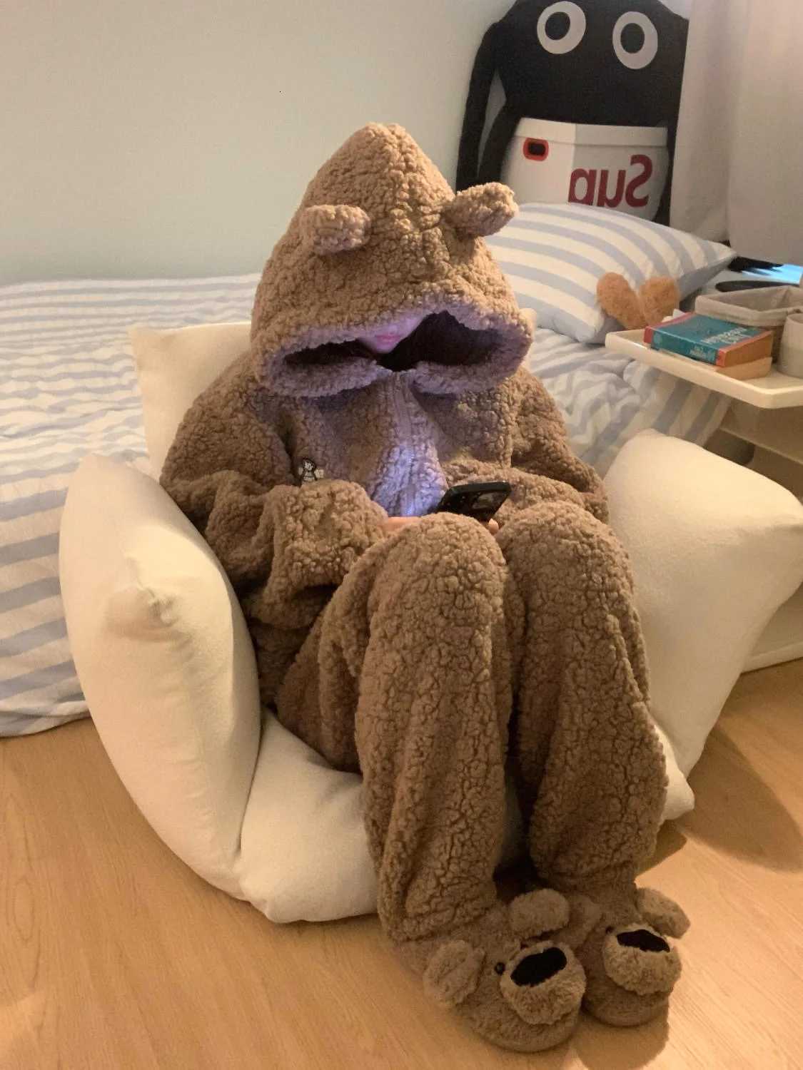 Brown Furry Pajama Sets Fluffy Teddy Bear Hooded Zipper Sleepwear Women Plush Warm Thick Christmas Homewear Y2K Kawaii Nightwear Z250925