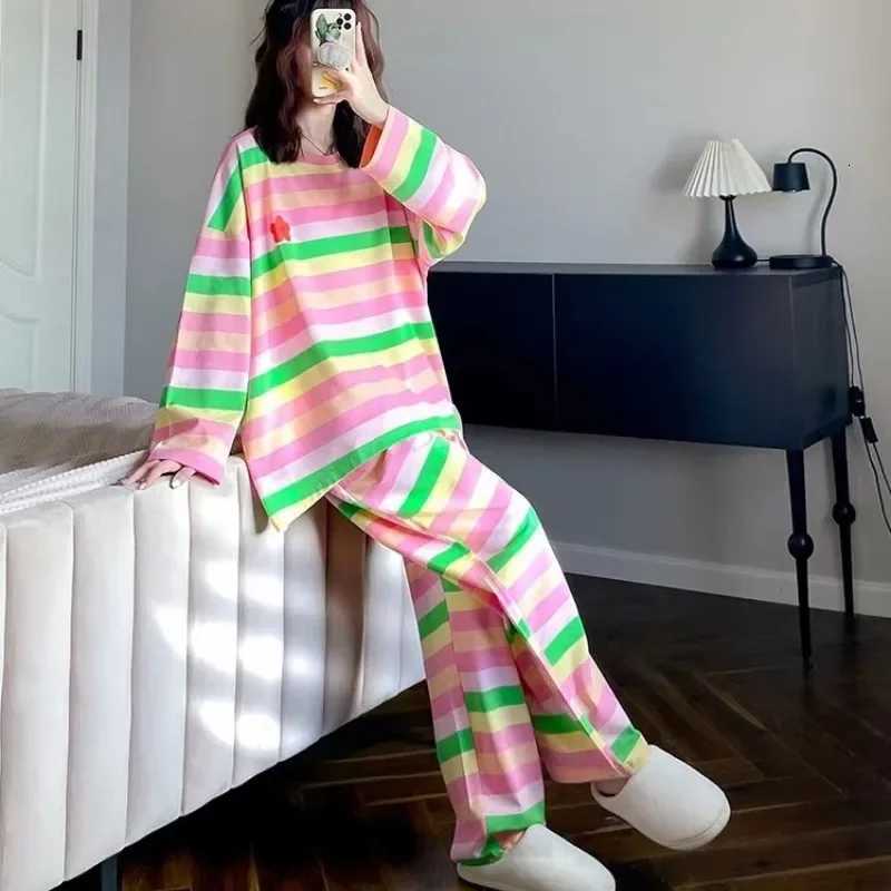 100KG Plus Size Korean Long Sleeved Pajamas Set Women Autumn Student Girls Rainbow Loungewear Can Be Worn Outside Loose Clothes Z250925