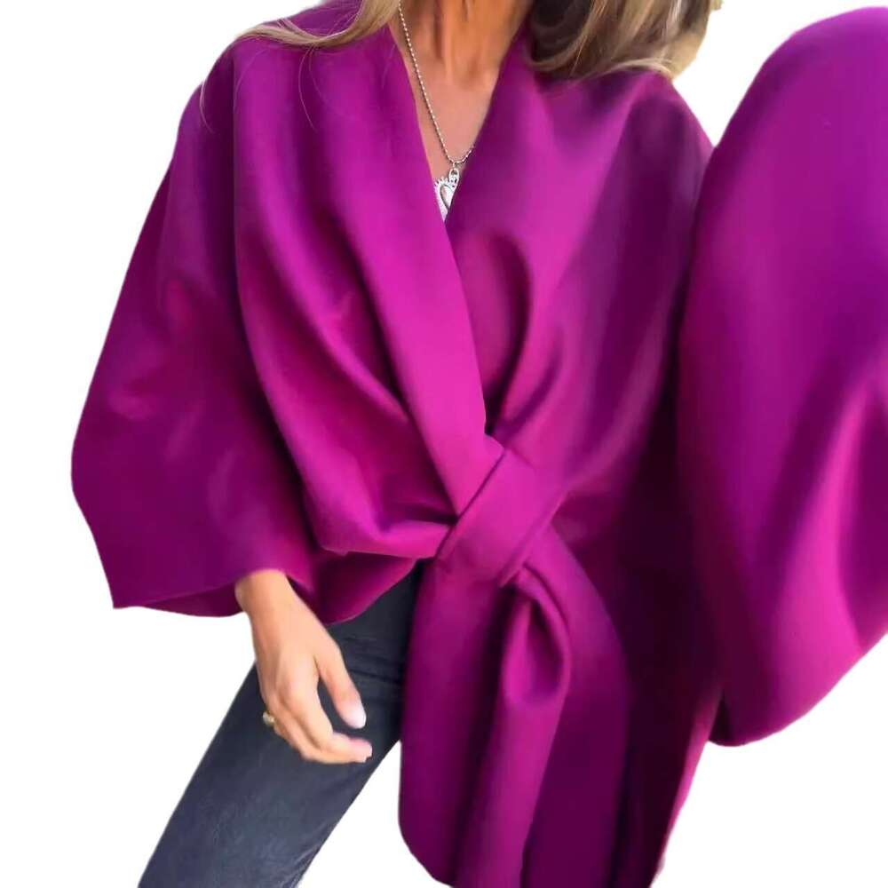 Cross-Border European and American Autumn Winter New Fashion Shawl Slimming Warm Solid Color Versatile Cape Coat