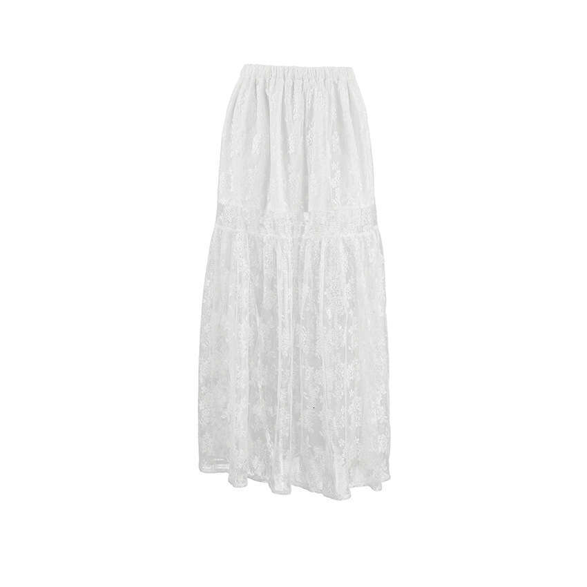 Sexy White Polyester Lace Sheer A-line 2025 Spring Summer Fashion New Long Skirt