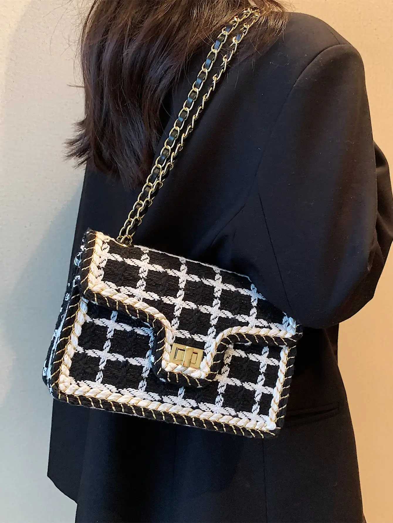 Black White Plaid Casual Shoulder Bag Crossbody Handbag Womens Shoulder Bags Handbags With Top Handle Fashion Square Bag Z250926