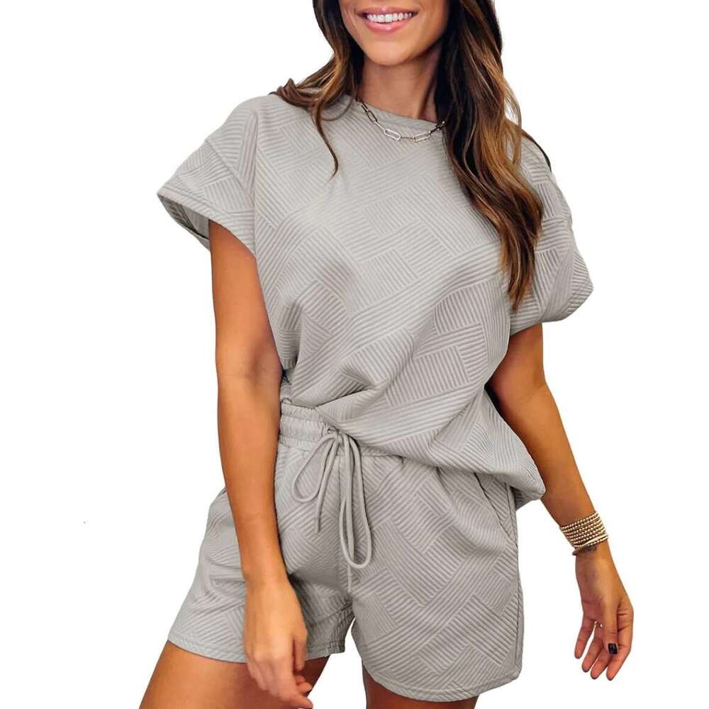 2025 Solid Color Round Neck Short Sleeve Top Spring Summer New Textured Fabric Fashion Shorts Set