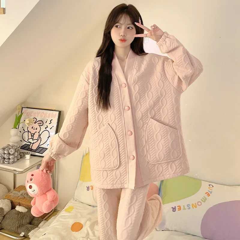 Thickened Warm Womens AutumnWinter Pajama Set VNeck Cotton Fleece Material Casual Home Clothes Student Long Sleeve Design Z250925