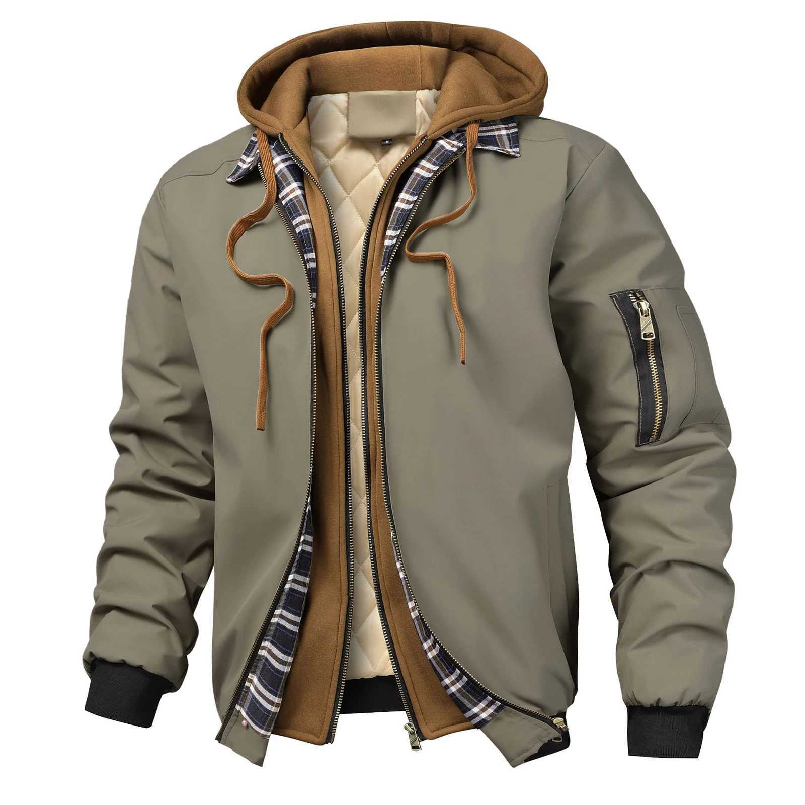 Mens Fall Winter Quilted Jacket Plaid Fake Two Pieces Zipper Up Lightweight Long Sleeve Hood Coat W250926