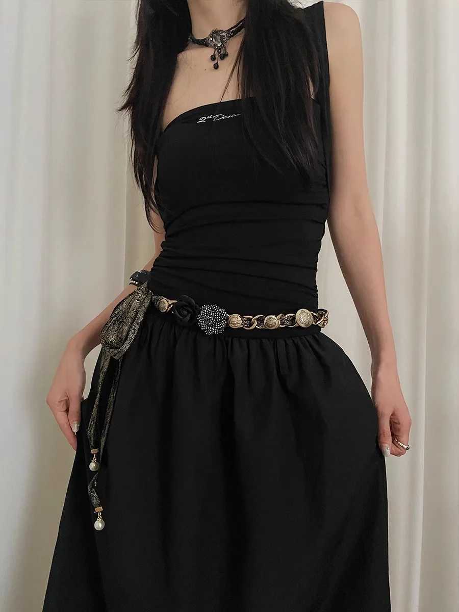 Wasteland wave of the West Miah Wind Flower Belt Women 2024 New Decorative Dress With HighEnd Design Feeling Waist Black L250926