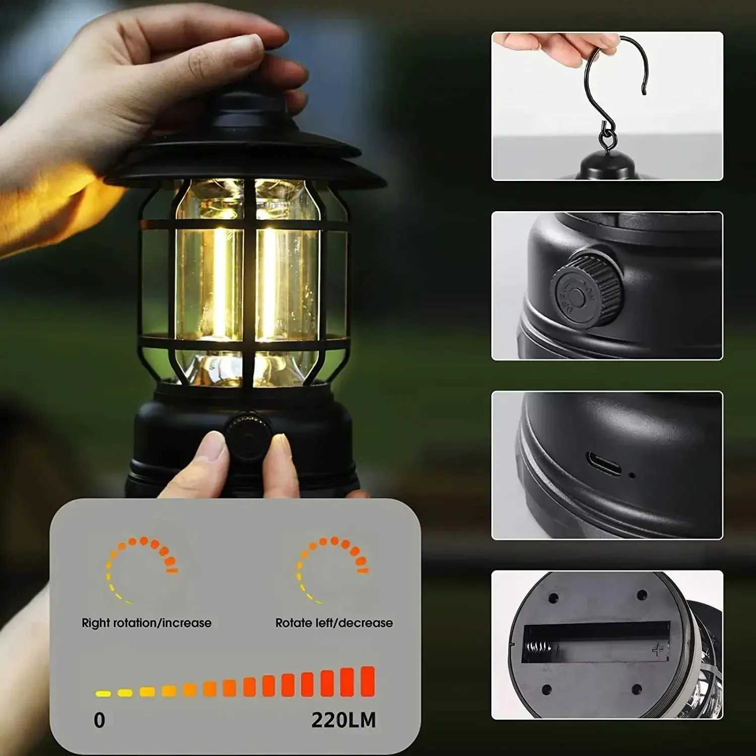 Rechargeable Camping Lantern Stepless Dimming COB Portable Waterproof for Hiking Fishing Emergency Home Power Outages Indoor Out C250925