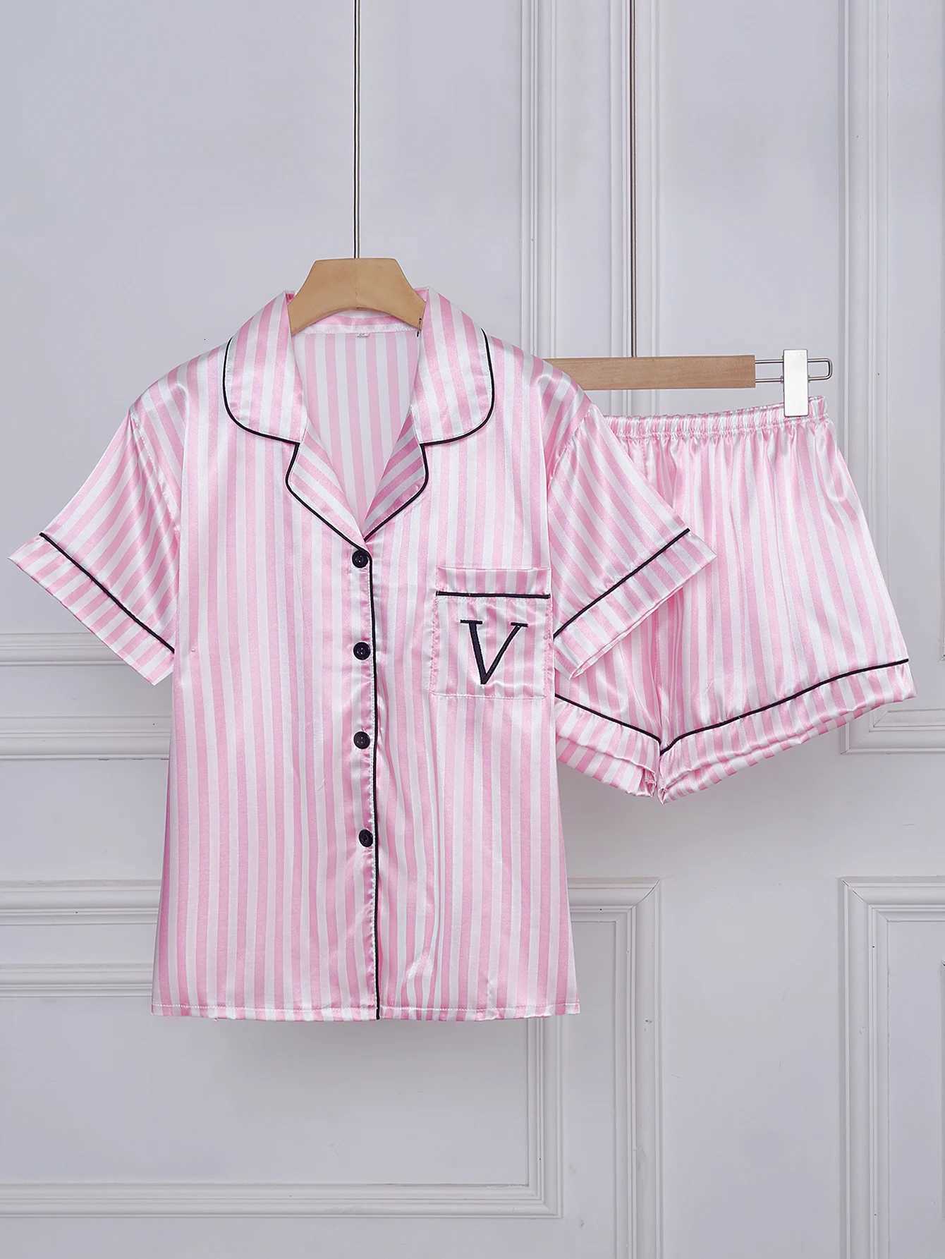 Striped Embroidered Letter Pocket Short Sleeve and Shorts Pajama Set Casual Satin Sleepwear with Lapel Collar and Button Detail Z250925