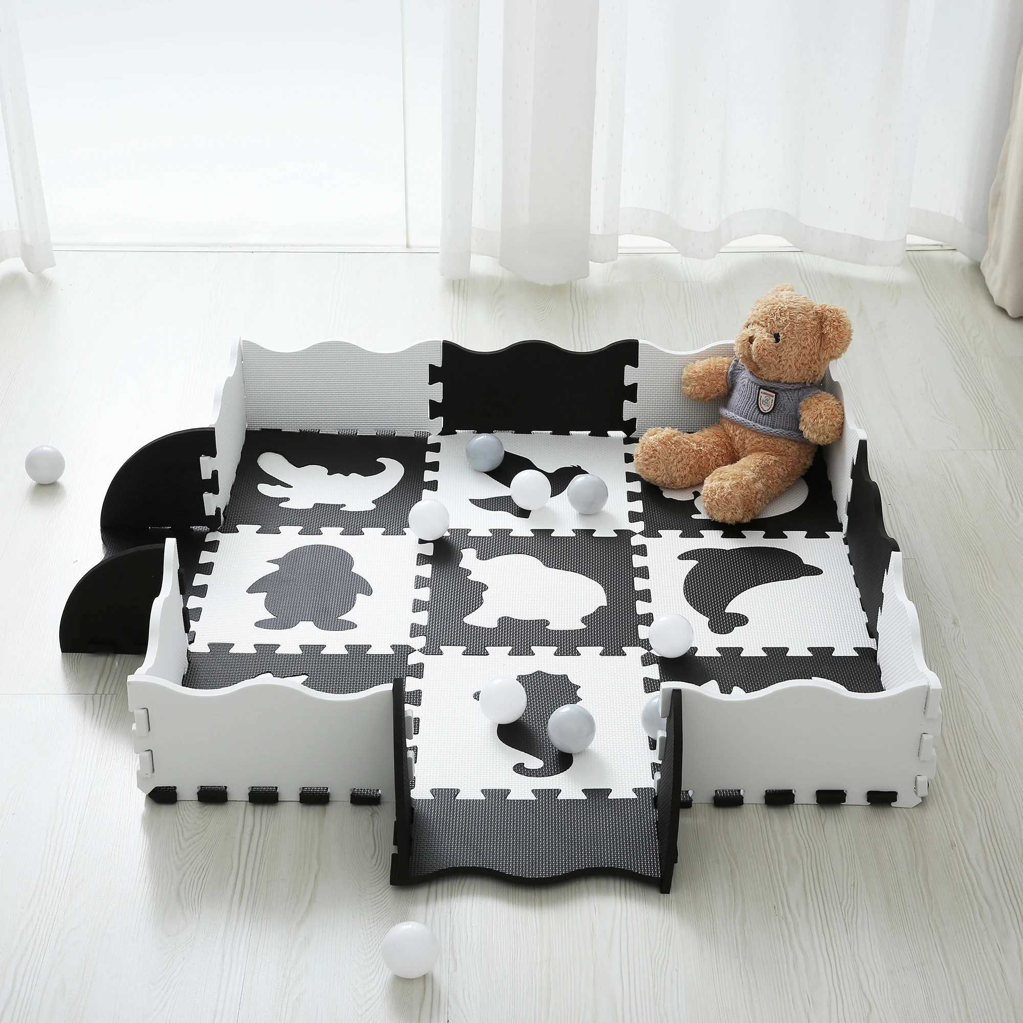 25Pcsset Square Interlocking Puzzle Floor Mat Black and White Animals Foam Play Mat with Fence for Kids C250926