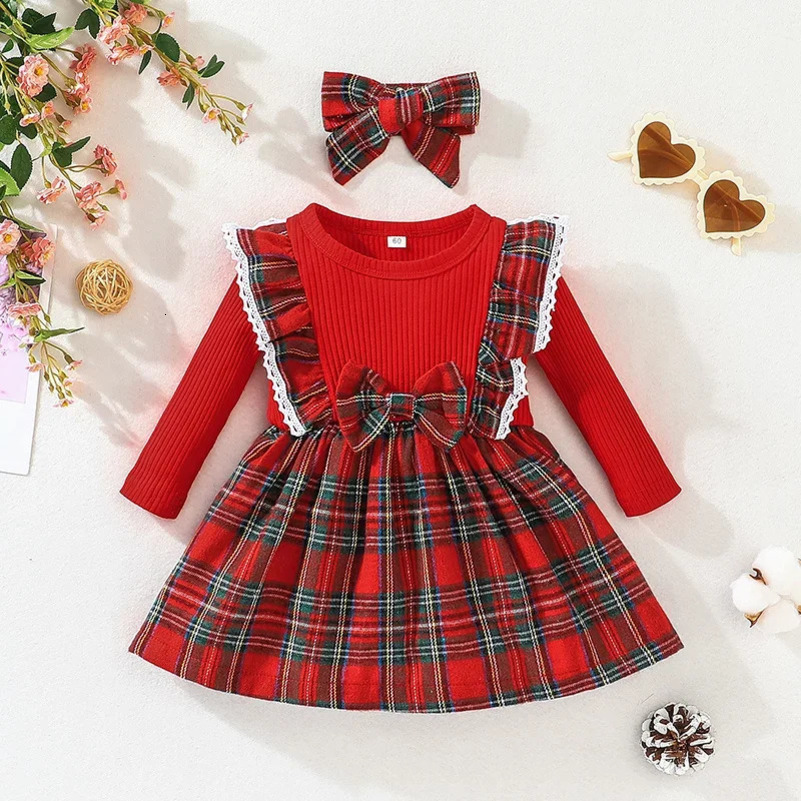 Dress For Kids 3 Months - 3 Years old Birthday Long Sleeve Christmas Red Grid Princess Formal Dresses Ootd For Baby Girl 241223