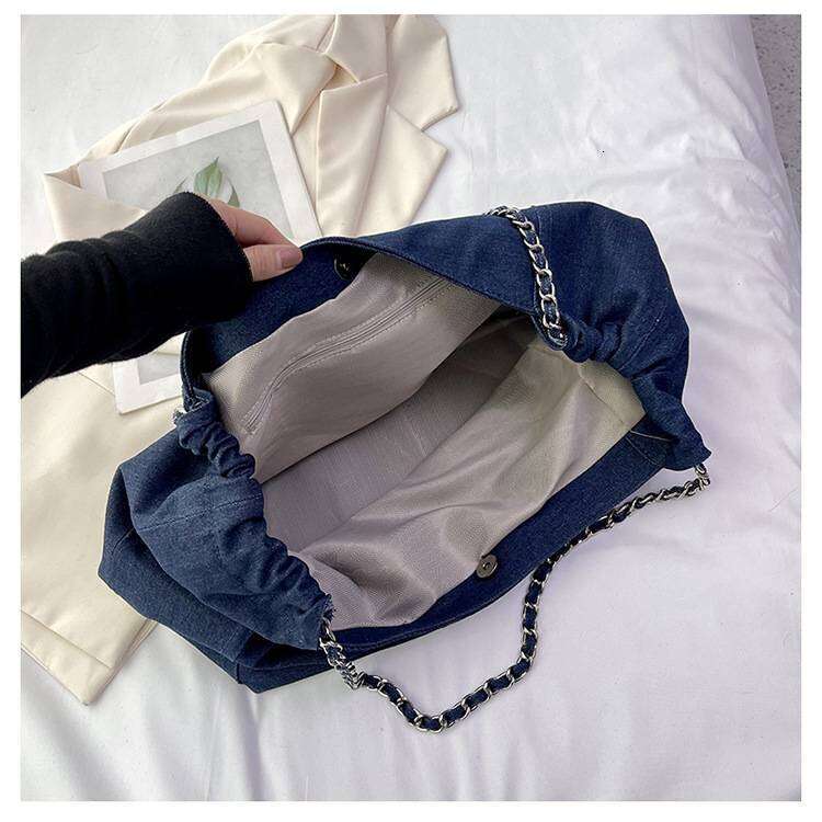 Vone Tote Fashion Hundred Chain Shoulder Women Solid Color High Quality Versatile Denim Bag
