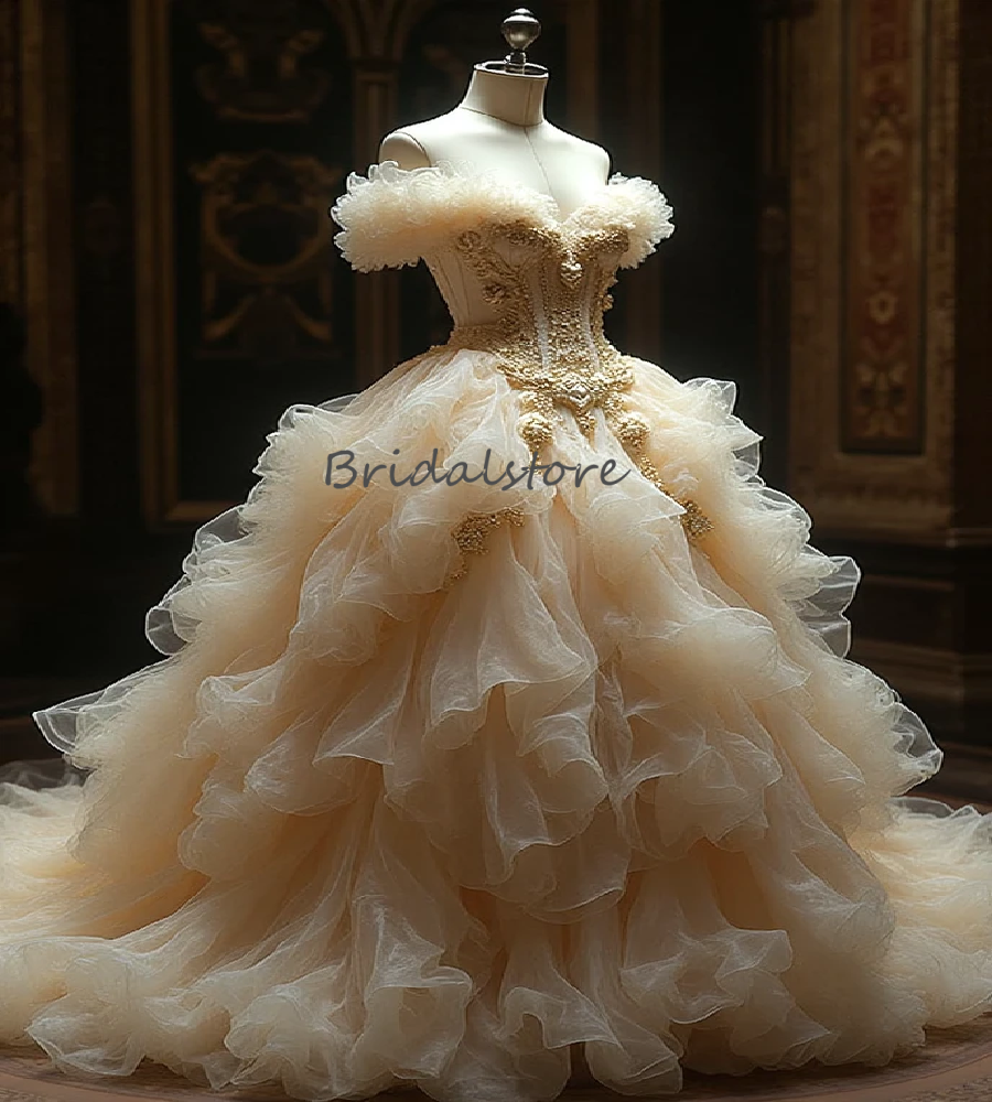 Romantic Champagne Victorian Wedding Dress 2025 Off Shoulder Ruffles Organza Bridal Dress Lace Bustle Celtic Bride Dress Beaded Vestidos De Novias
