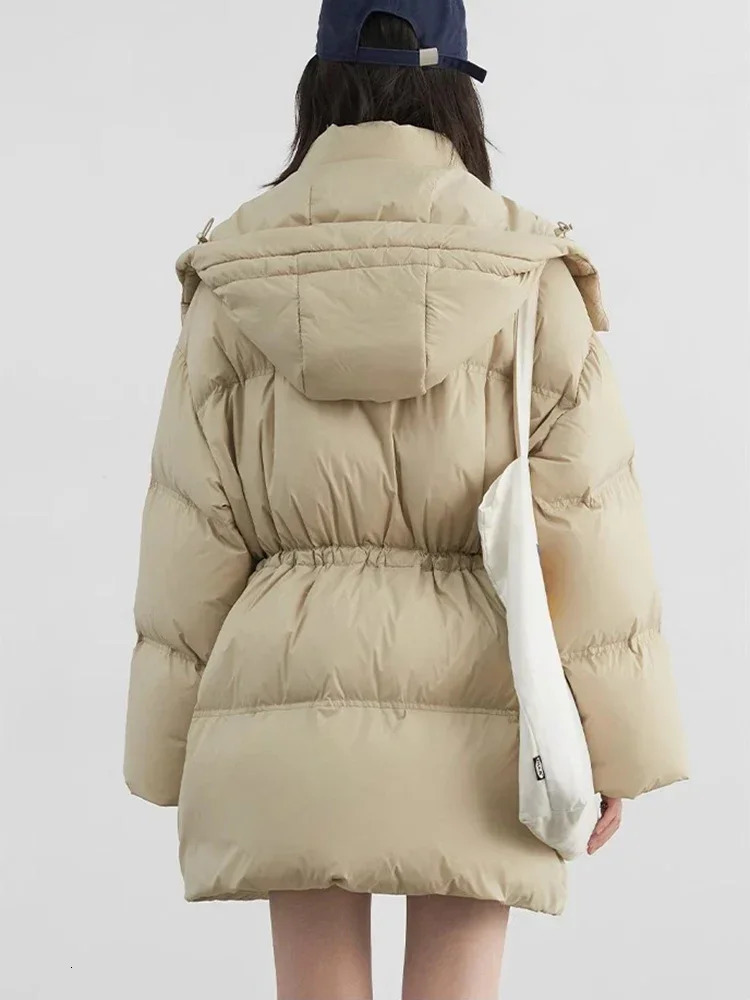 CHIC VEN Women Down Jacket Loose Solid Hooded Waist Puff Female Down Jacket Medium Long 90 White Duck Coat Winter 250917