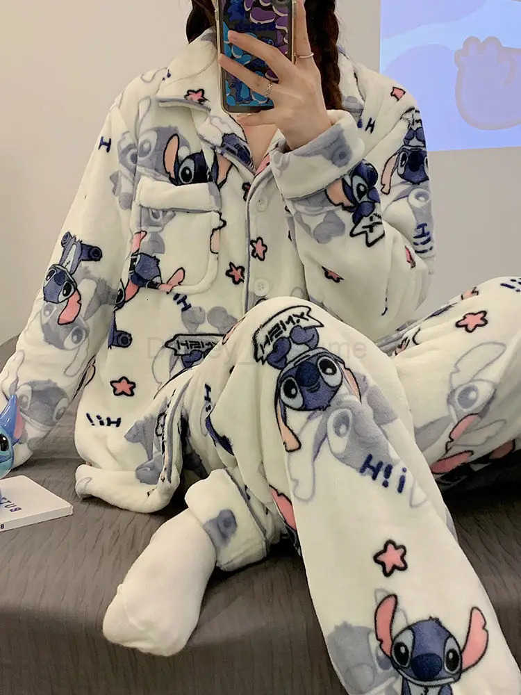 Disney New Stitchthemed Plush Fluffy Sleepwear Pajamas Womens Autumn and Winter Flannel Thickened and Velvet Home Casual 2 Pcs Set H250926