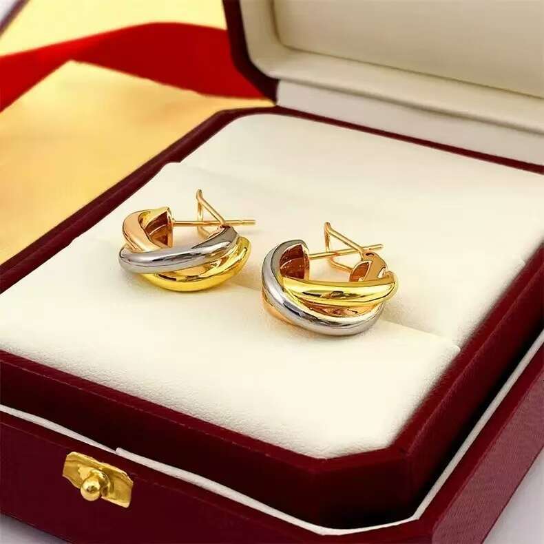 New Three-ring Three-color Earrings Glossy Pure Copper Gold-plated Hoop Small Lobe Couple Ear Stud Jewelry