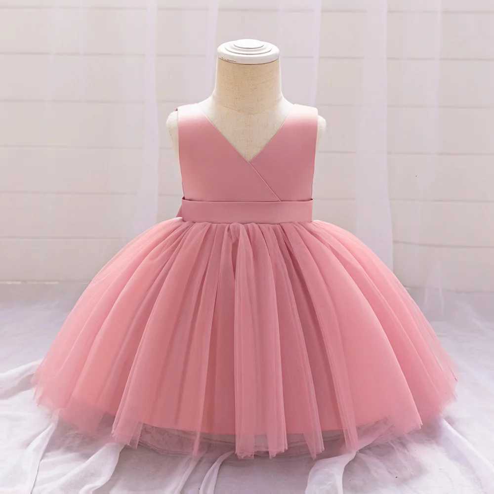 Bow Baby Girls Wedding Dress Tulle Toddler 1st Birthday Party Gown Vneck Infant Baby Princess Dresses For Girl Summer Clothes Z250926