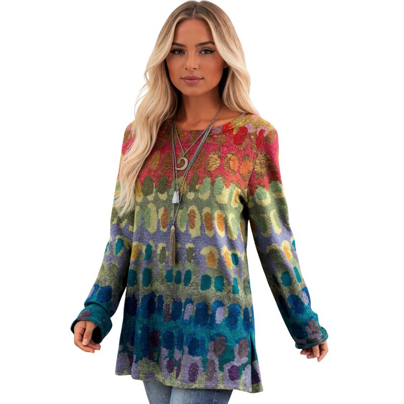 Women's Spring & Autumn New Colorful Printed Top Casual Versatile Round Neck Long - Sleeve Milk Silk Blouse-YL23482