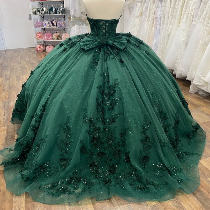 Black Green Shiny Quinceanera Dresses Off The Shoulder Applique Lace Beading Crystal Bow Corset Tull Party Birthday Sweet 16 Dress Vestidos 15 De Anos