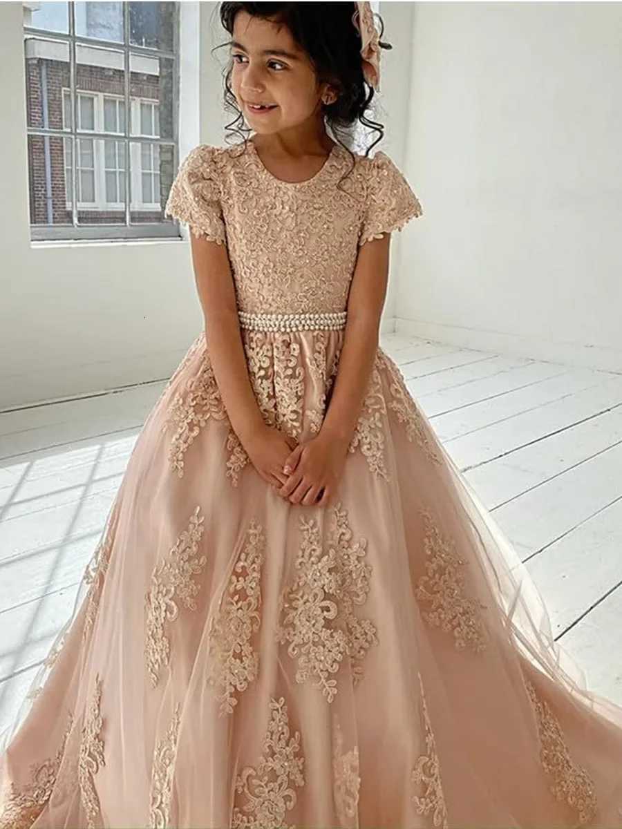 Girls Princess Flower Girl Dresses for Wedding With Bowknot Beaded Appliques Pageant Dress Kids Long Train Wedding Party Gowns Z250926