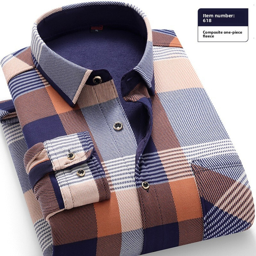 Autumn Winter Men's Fleece-Lined Non-Pilling Non-Fading Plaid Top Warm Middle-Aged Shirt