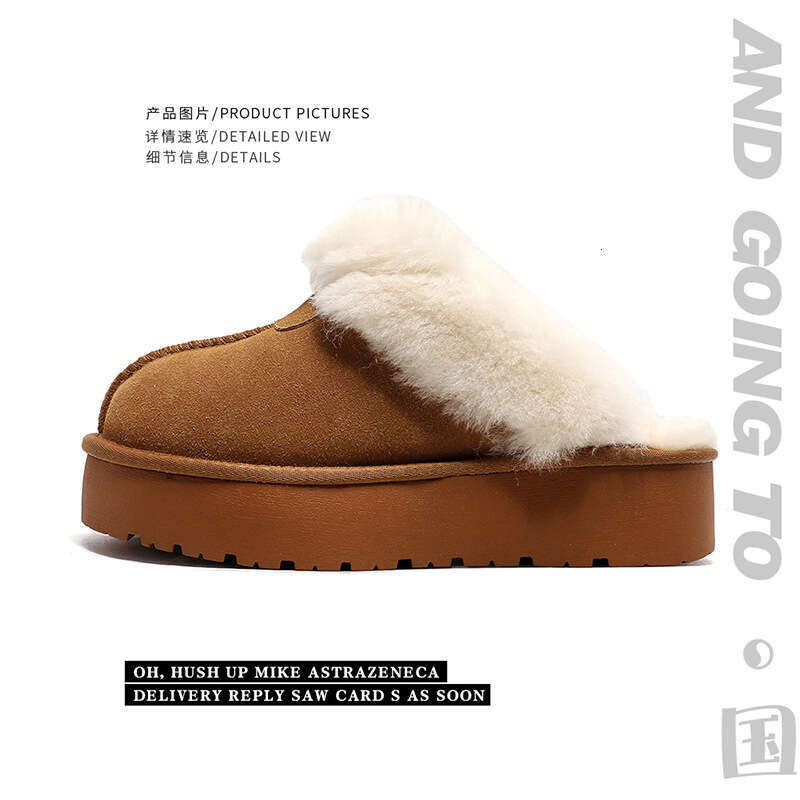 New Sheepskin One-Piece Thick-Soled Closed-Toe Furry Snow Boots for Women Warm Non-Slip Home Cotton Slippers