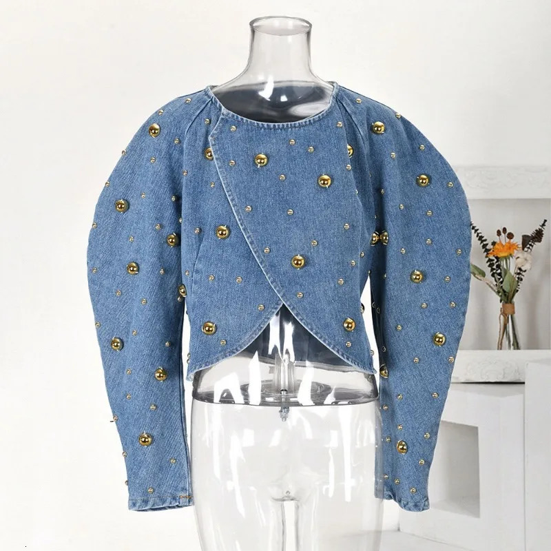 Spring Autumn Women Rivets Long Lantern Sleeve Denim Coat Short Pearls Beading Jeans Bomber Jacket Cowboy Cardigan Tops 250922