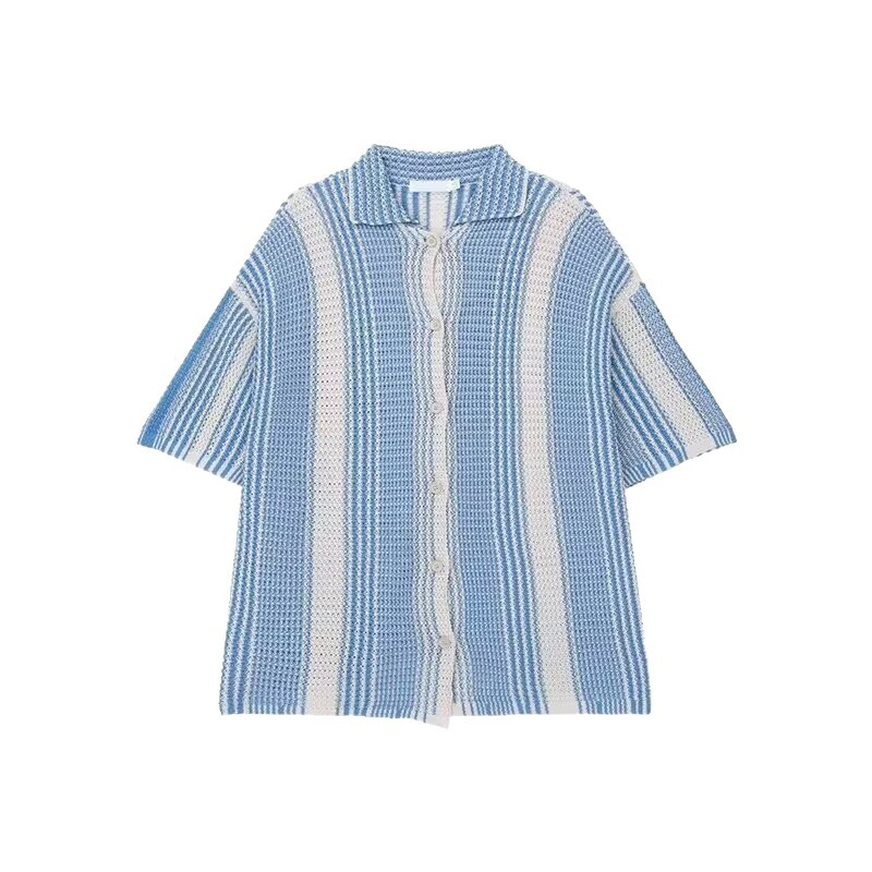 Summer Clothing Men'S Luxury Hollow Out Knitted Short Sleeve Polo Shirt Leisure Striped Button-Down Shirts Breathable Knitwear