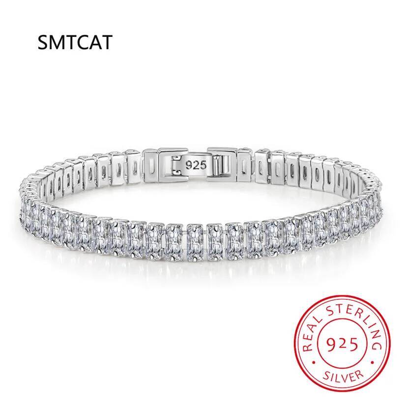 57mm 1CT Emerald Cut Moissanite Tennis Bracelet for Women Men 925 Sterling Silver D Color Rectangle Lab Diamond Bangle Pulseira