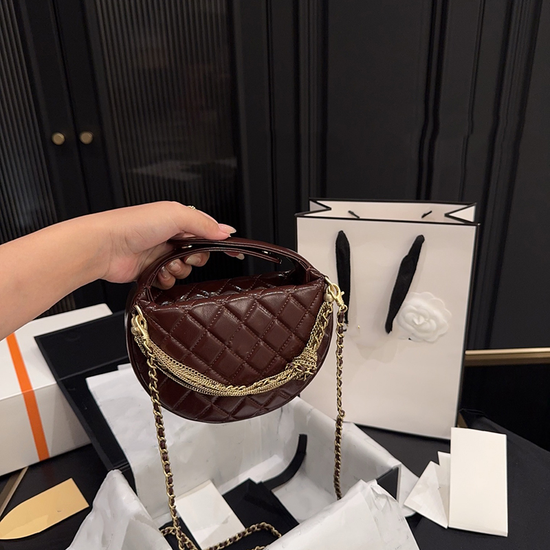 Womens Designer Classic Mini Makeup Vanity Round Moon Clutch Bag With Tassel Chains Diamond Plaid Gold Hardware Metal Coin Wallet Party Designer Bags 19x12cm