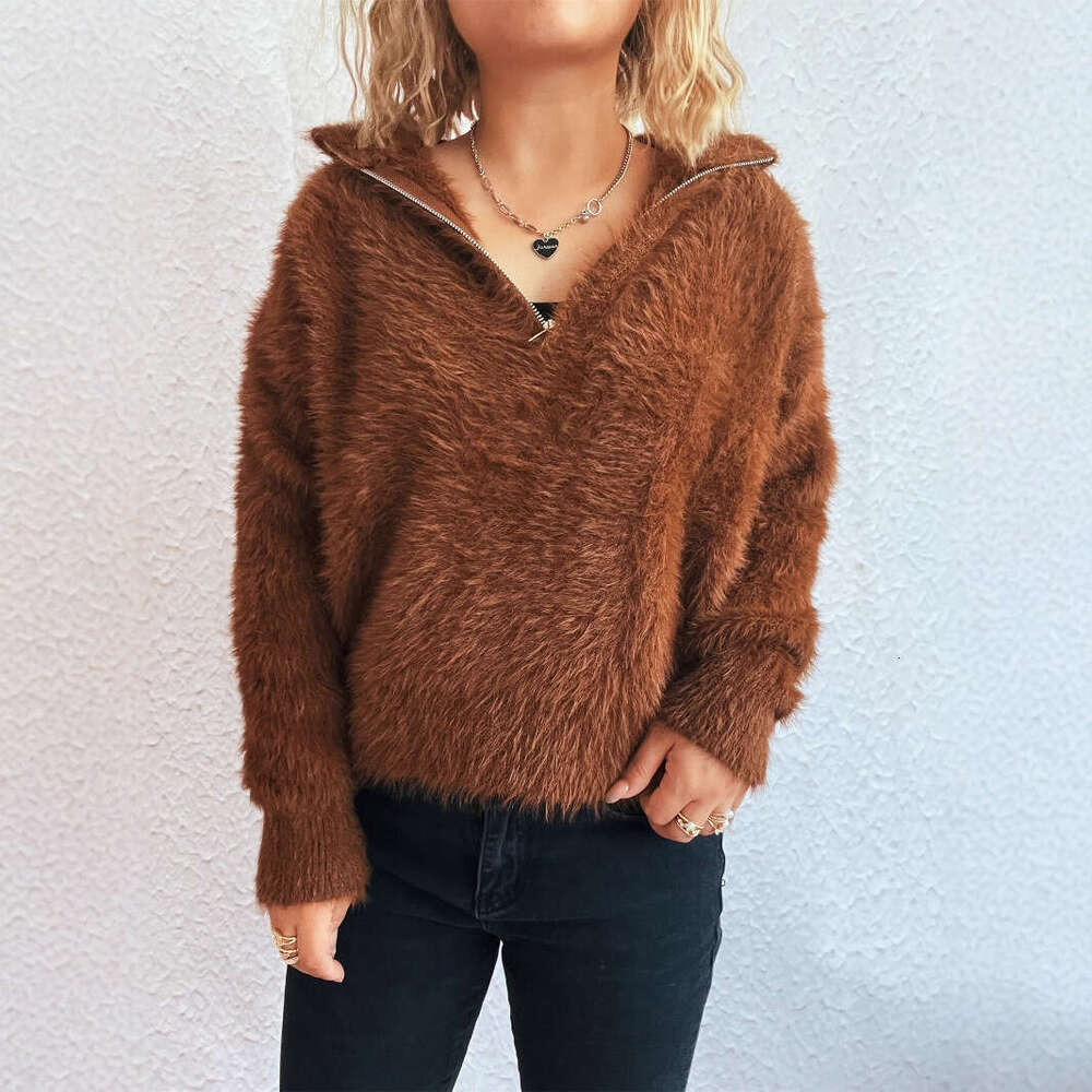 Solid Color Short Casual Turn-Down Collar Half-Zip Knitted Top Commuter Fashion Women's Sweater