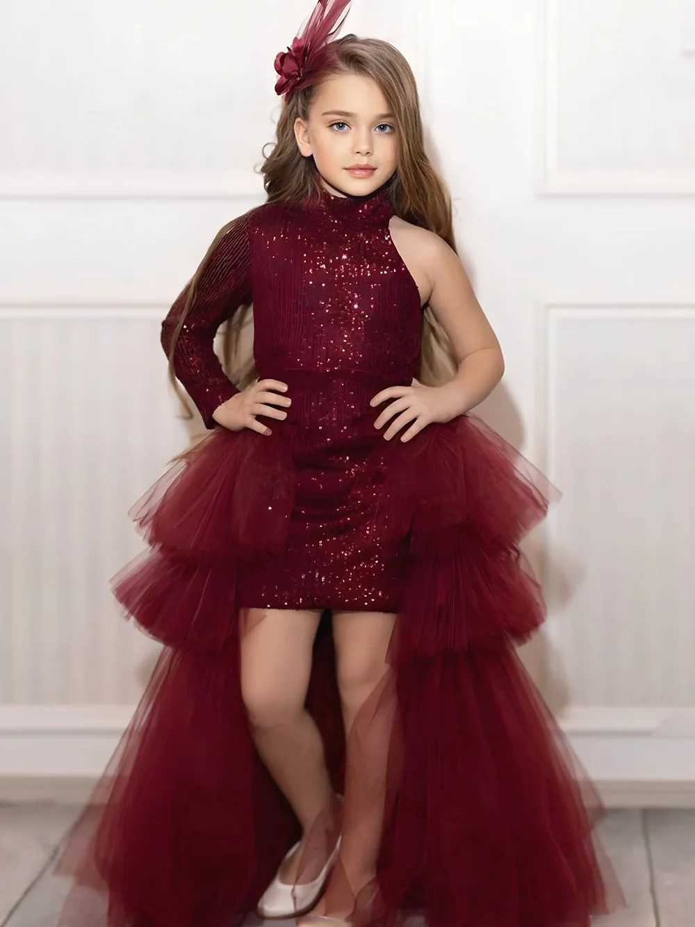 One Shoulder Sequins Flower Girl Dress For Wedding With Detachable Train Elegant Birthday Party First Communion Ball Gowns Z250926